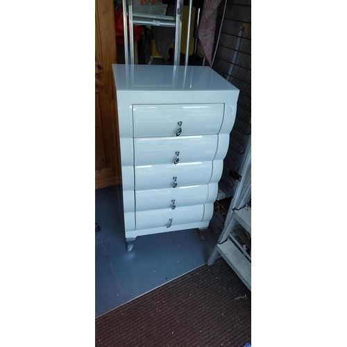 29 - White Glass Covered Chest Of Drawers With Jewelled Handles, 5 Drawers