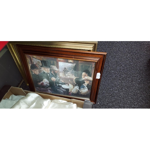 175 - Framed Print Of People In Carriages, Framed Clock Print Of A Dog Plus 1 Other