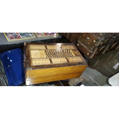 293 - Antique Inlaid Cribbage Board With Cards And Pegs