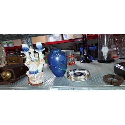 487 - Ceramic Lady Candle Holder Plus Painted Vase And 5 Royalty Saucers