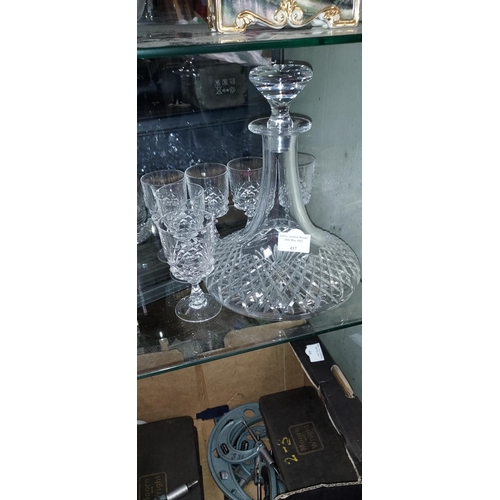 417 - Cut Glass Crystal Ships Decanter With A Set Of 6 Glasses