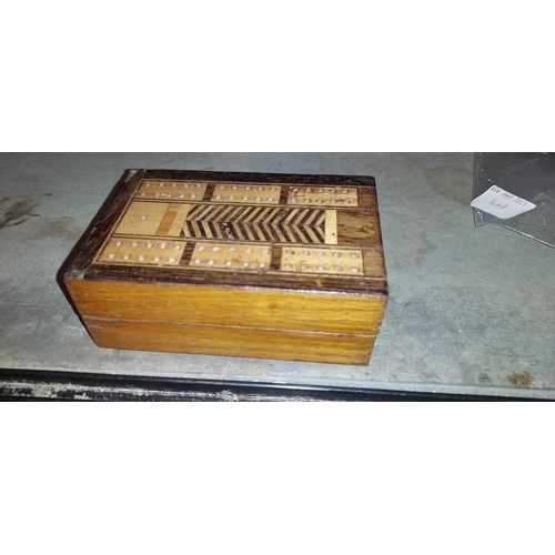 313 - Antique Inlaid Cribbage Board With Cards And Pegs