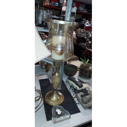 473 - Large Metal And Wooden Candleholder With Glass Shade And Candle