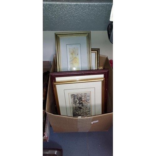 63 - Box Of Mixed Framed Prints Including Fox Hunting, Flowers Etc