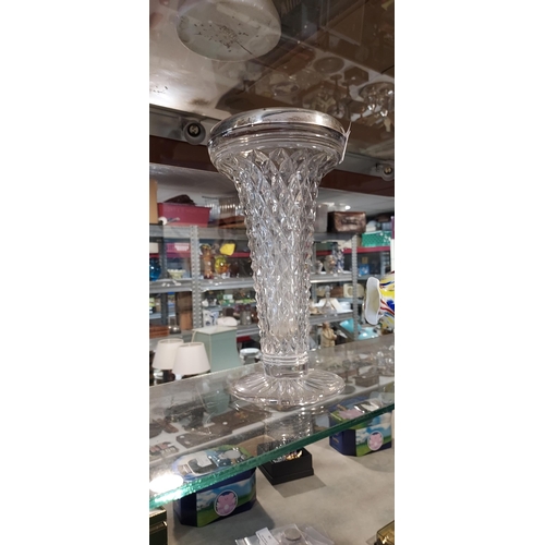 311 - Heavy Cut Glass Vase With Silver Rim