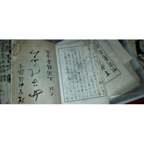 257 - Tray Of Antique Japanese Books With Woodblock Prints & Calligraphy