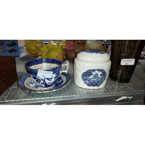 504 - Booths Blue And White Cup And Saucers Plus A Masons Blue And White Lidded Pot