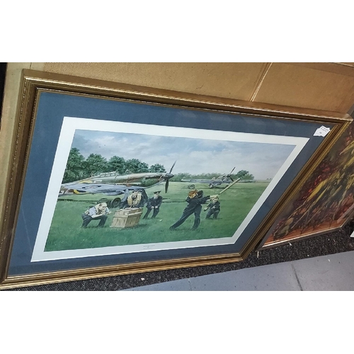 549 - Framed Print Of 2 Spitfire Planes With Pilots Playing Cricket Called 5 Not Out Signed