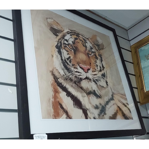 127 - Large Framed Print Of A Tigers Head Plus A Framed Cherub Picture