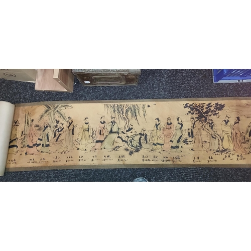 173 - Large Chinese Ink & Watercolour Scroll - Generations Of Literature 3780Mm Long X 272Mm High With Sea... 