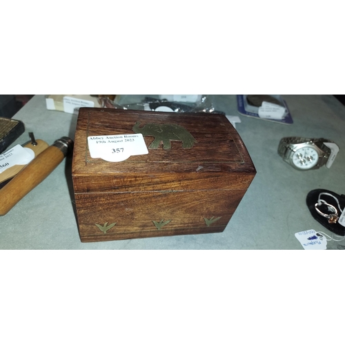 357 - Wooden Brass Inlaid Box With Mixed Coins