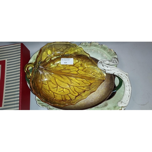 459 - Royal Winton Leaf Shaped Dish, Floral Patterned Snack Dish Plus A Amber Glass Leaf Shaped Dish