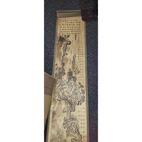 159 - Large Chinese Ink Scroll With Landscape Views, Castles & Temples 3760Mm Long X 250Mm High With Seal ... 