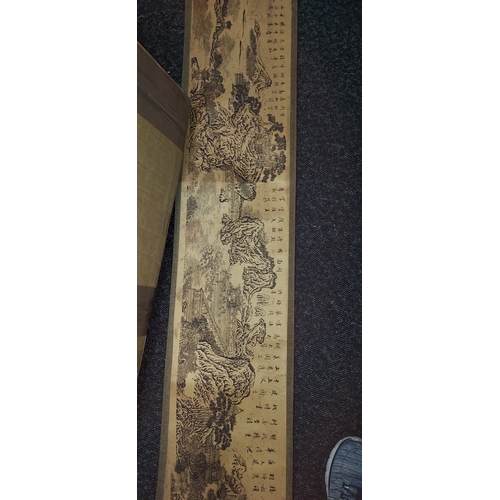 159 - Large Chinese Ink Scroll With Landscape Views, Castles & Temples 3760Mm Long X 250Mm High With Seal ... 