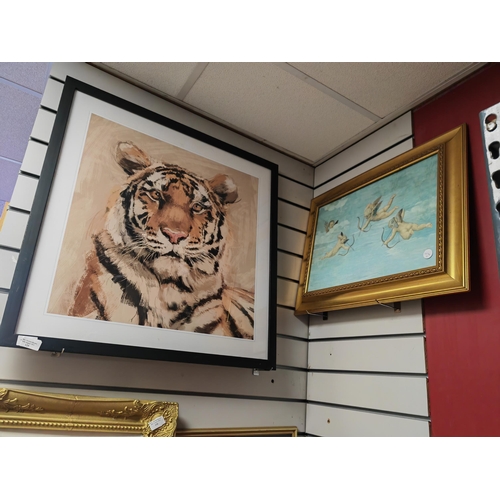 125 - Large Framed Print Of A Tigers Head Plus A Framed Cherub Picture