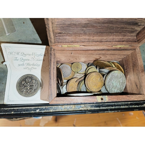 353 - Wooden Brass Inlaid Box With Mixed Coins