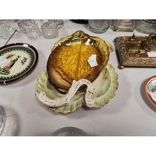 451 - Royal Winton Leaf Shaped Dish, Floral Patterned Snack Dish Plus A Amber Glass Leaf Shaped Dish