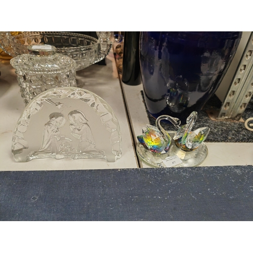 477 - 2 Crystal Swans On Glass Plynth One Wing Glued Back On Plus A Religious Paperweight