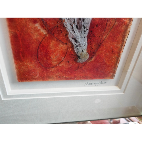 117 - Framed Amanda Jones Off Kiln Formed Fused Glass Art In A Mirrored Frame. Studio Label To Back