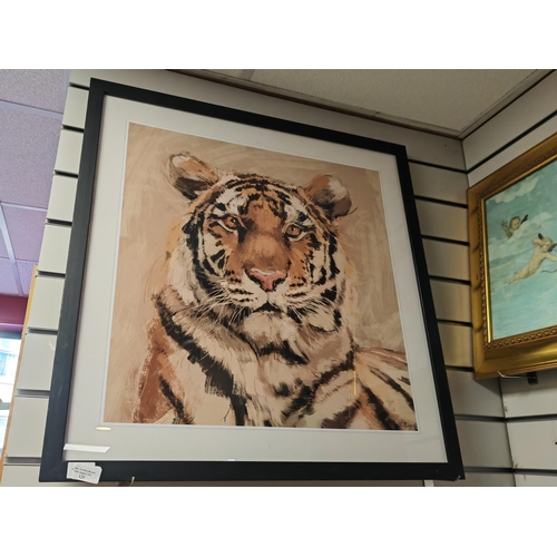 125 - Large Framed Print Of A Tigers Head Plus A Framed Cherub Picture