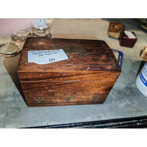 353 - Wooden Brass Inlaid Box With Mixed Coins