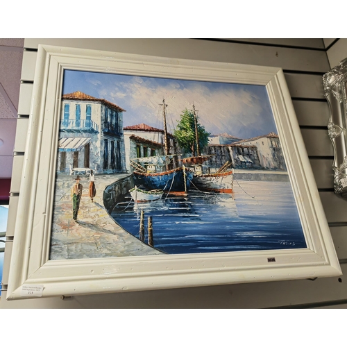 123 - Framed Oil On Board Of A Continental  Harbour Scene Signed Tiosios