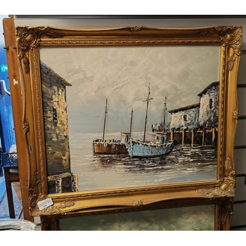 124 - Framed Oil On Board Harbour Scene Signed