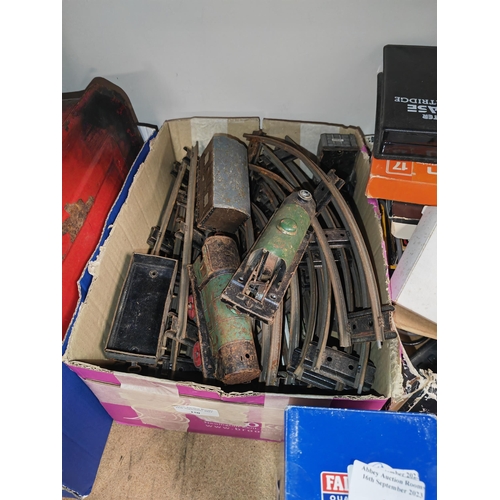 150 - Box Of Hornby Railway Track With Hornby Tinplate O Guage Trains And 2 Carriages
