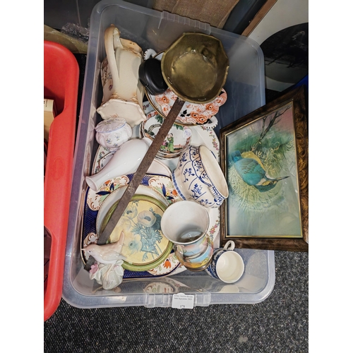 178 - Box Of China Including A Large Brass Ladle