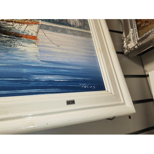 123 - Framed Oil On Board Of A Continental  Harbour Scene Signed Tiosios