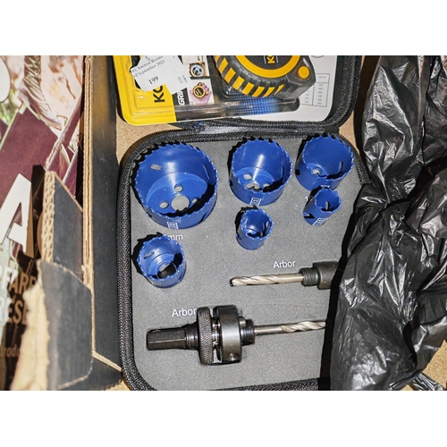 199 - Unused 6 Pce Holesaw Set + As New 5M Tape Measure