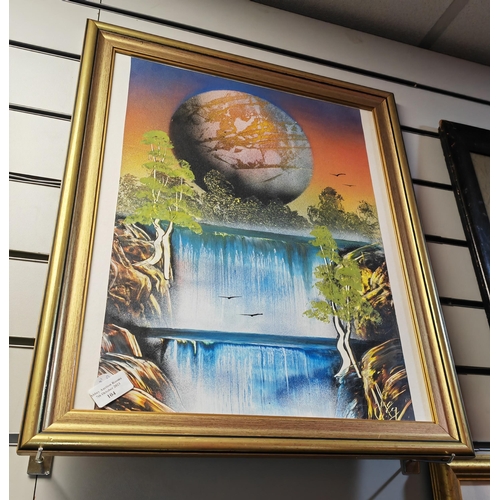 104 - Framed Painting Of A Waterfall With Moon In Background