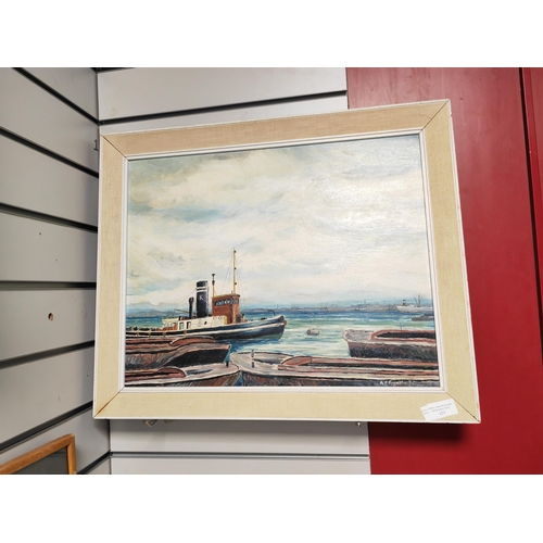 123 - Framed Oil On Board Of A Tug Boat Scene By F A Franklin 1975