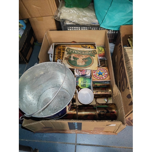 255 - Large Box Of Mixed Unused Mugs Including The Beatles Etc And Ice Bucket And Metal Signs