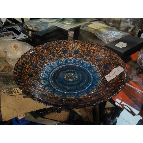 301 - Embossed Turkish Gold & Blue Glass Bowl With Silver Bottom. Efe Dish