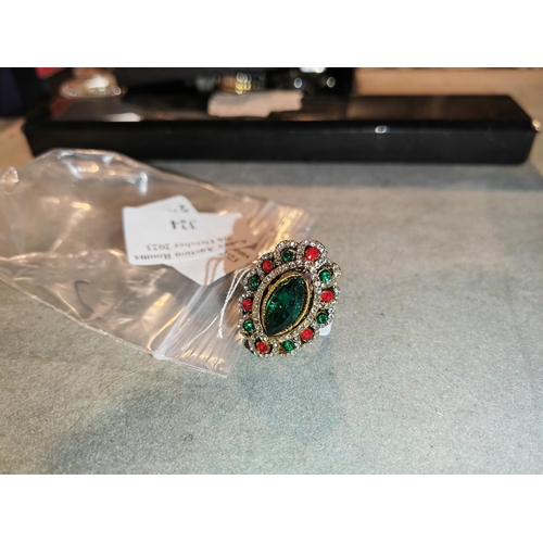 324 - Green, Red And White Stone Dress Ring