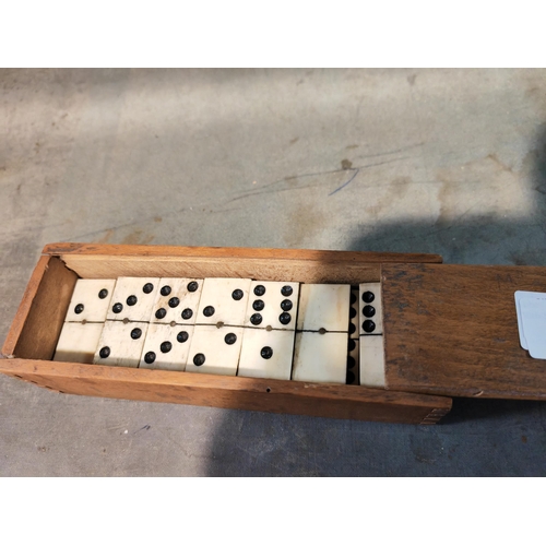 360 - Ebony And Bone Domino Set In Wood Box One Piece Missing