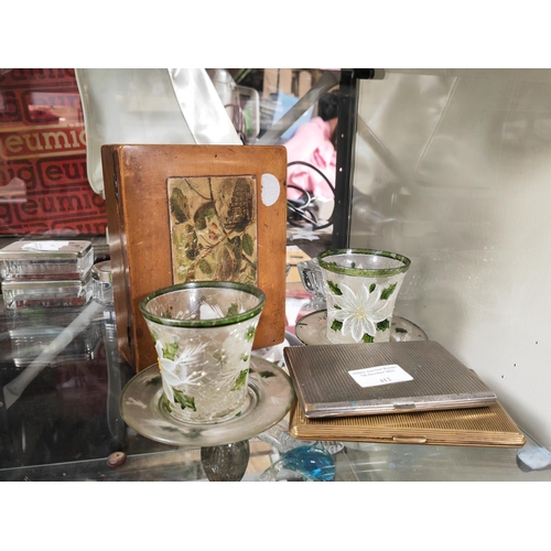 412 - Pair Of Crackle Glass Beakers And Saucers Hand Painted Plus A Decorative Box And 2 Cigarette Cases