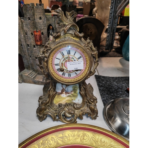 448 - Decorative Enamelled Face Brass Mantle Clock No Key And Pendulum A/f To Top