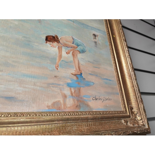 119 - Framed Oil On Board Of A Beach Scene By Charles Parker