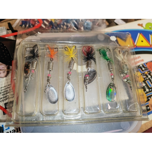 144 - Plastic Case And Tub Of Fishing Weights, Scissors Hooks Etc