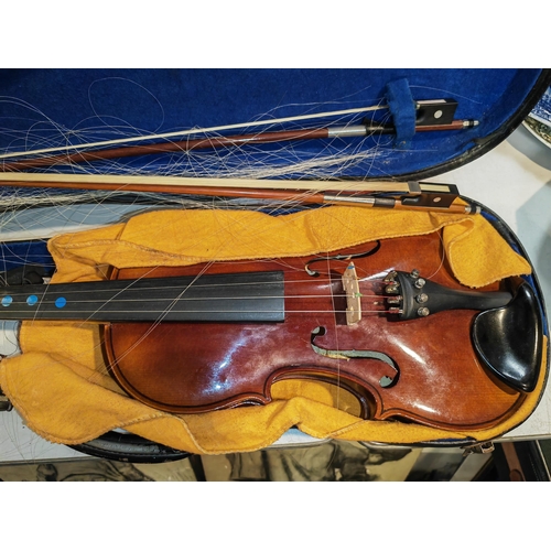 535 - German Violin With 2 Bows In Case