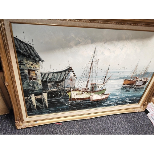 537 - Large Framed Oil On Board Boating Scene Signed Florence