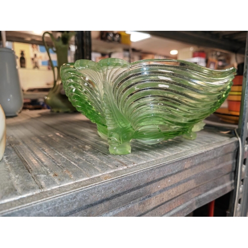 425 - 1930 Green Glass With Bowl With Fish Feet Crack To Base