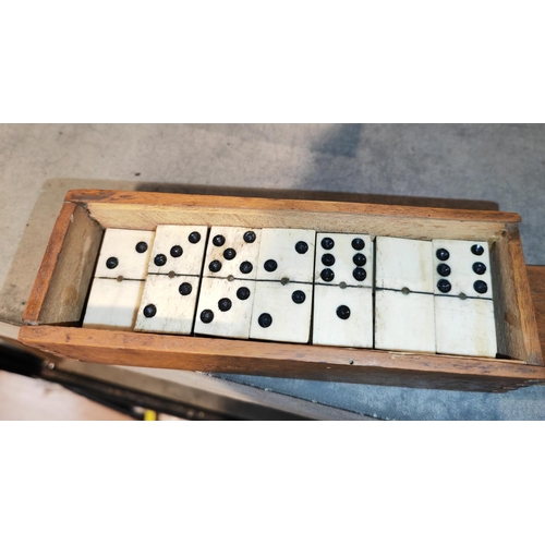 282 - Ebony And Bone Domino Set In Wood Box One Piece Missing