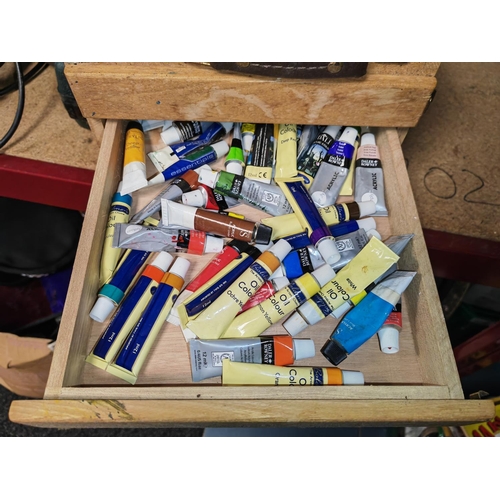 217 - Box Of Artist Paints & Brushes Large Lot