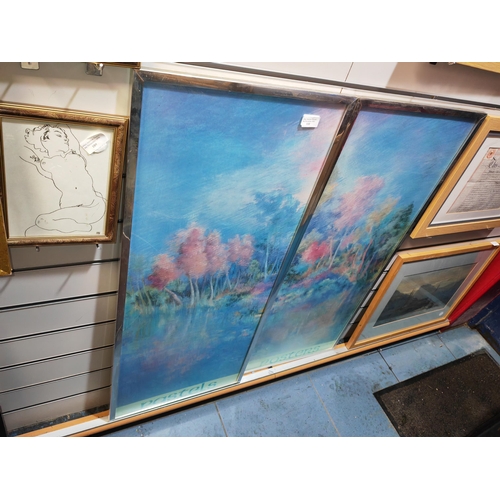 110 - 2 Large Thin Framed Pastels Of Forest Scenes