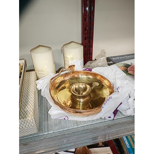 143 - Unused Classic Brass And Copper Hand Candle Holder With 2 Unused Pillar Candles