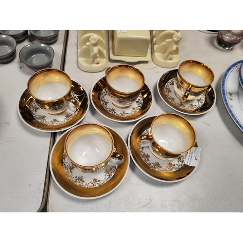 477 - Set Of 5 Czechoslovakia 24Kt Gold Plated Coloured Cups And Saucers