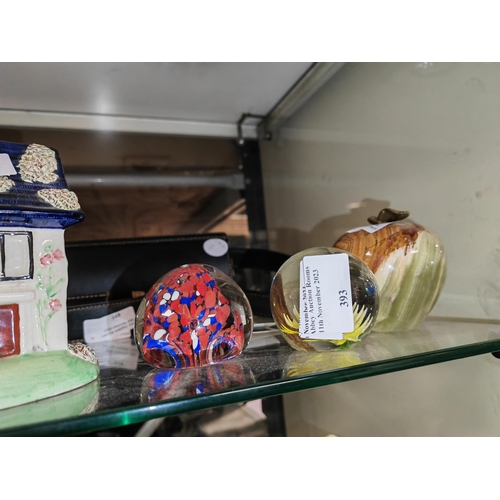 393 - 3 Paperweights Including An Onyx Apple Shaped One